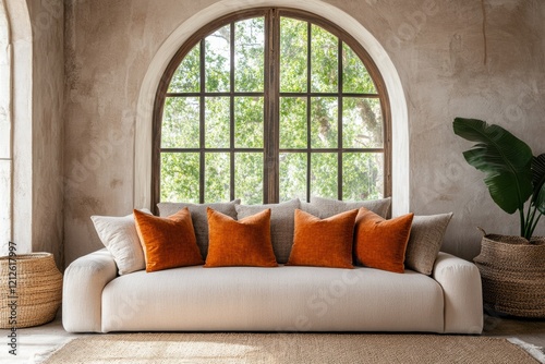 Wallpaper Mural Modern loft living room interior design with beige sofa and orange accents bright natural light cozy atmosphere contemporary aesthetic Torontodigital.ca