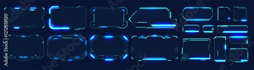 Futuristic tech game ui,gui,fui frames with glowing neon blue line on black background. User interfaces gaming overlays or sci fi visual hud elements. Vector illustration
