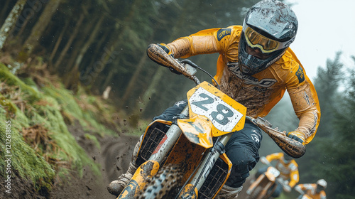 Motocross Racer in Action: Thrilling Forest Race