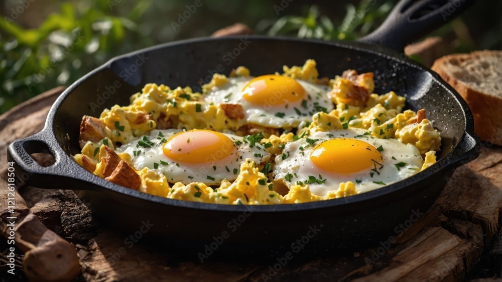 A skillet filled with scrambled eggs and fried eggs, garnished with herbs and bread. A skillet filled with scrambled eggs and fried eggs, garnished with herbs and bread.