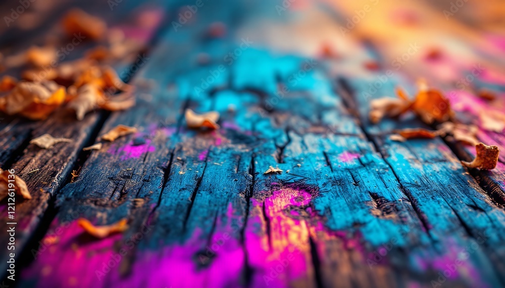 Fototapeta premium Vibrant Autumn Leaves on a Painted Wooden Surface