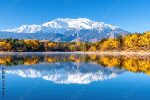 Serene Mountain Landscape with Reflection in Calm Lake Surrounded by Golden Autumn Foliage and Clear Blue Sky