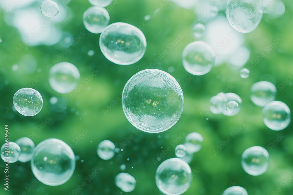 Floating Transparent Bubbles on Green Background Floating Transparent Bubbles on Green Background