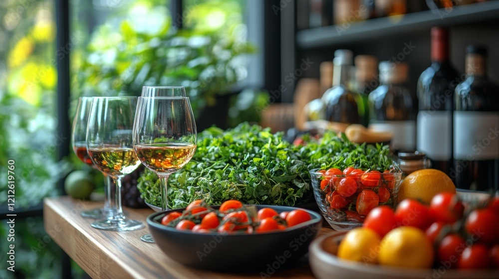 Outdoor table with fresh fruits and wine Outdoor table with fresh fruits and wine