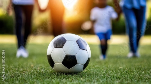 A close-up of a soccer ball on grass  with people playing in the background  capturing the essence of family fun and outdoor activity.