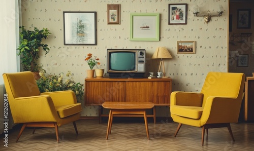 Retro Living Room Interior with Yellow Armchairs, a Vintage Television, and Wooden Furniture
