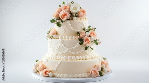 wedding cake with rose decoration with copy spase photo