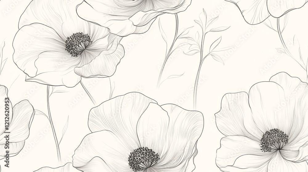 Fototapeta premium A pattern of large, detailed flowers set against a plain background. The flowers are intricately drawn with fine lines.