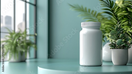 White Supplement Bottle Among Green Plants in Modern Setting photo