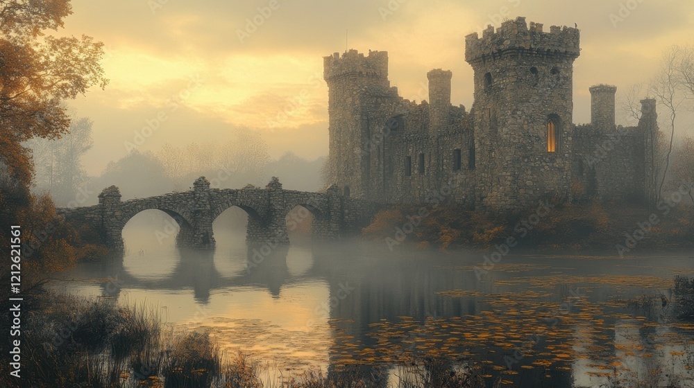 Mysterious stone castle with drawbridge over a misty moat at sunrise enchanting landscape photography serene atmosphere captivating viewpoint Mysterious stone castle with drawbridge over a misty moat at sunrise enchanting landscape photography serene atmosphere captivating viewpoint