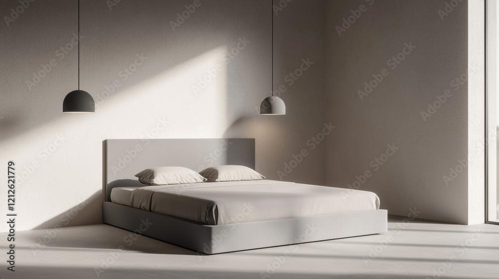 modern bedroom featuring minimalist bed with soft bedding, subtle lighting, and neutral tones, creating serene atmosphere modern bedroom featuring minimalist bed with soft bedding, subtle lighting, and neutral tones, creating serene atmosphere