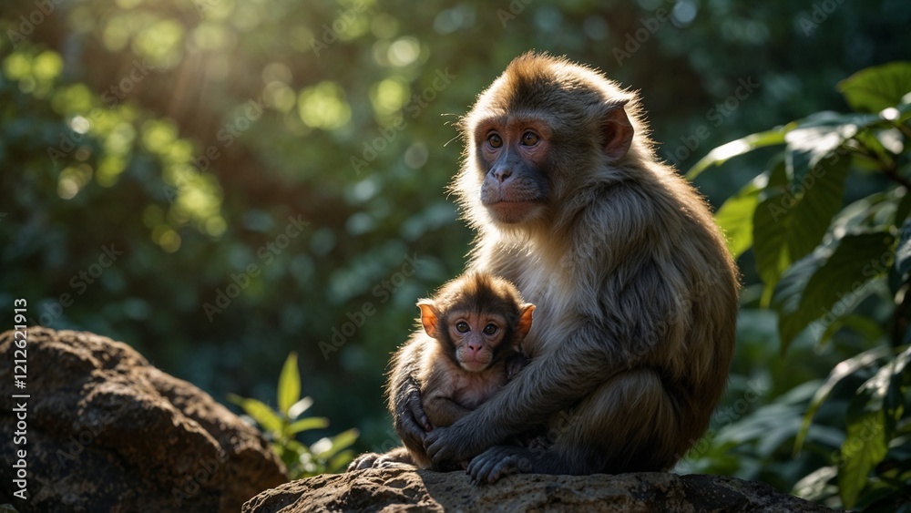 Monkeys and their babies in their natural habitat, a heartwarming and lively scene in the tropical forest Monkeys and their babies in their natural habitat, a heartwarming and lively scene in the tropical forest
