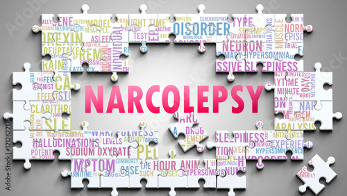 Narcolepsy as a complex subject, related to important topics. Pictured as a puzzle and a word cloud made of most important ideas and phrases related to narcolepsy. ,3d illustration photo