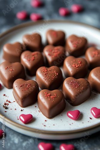 Photo de chocolats en forme de cœur fait maison, sur une assiette blanche avec des bonbons rouges et roses. cadeau, saint valentin, fait avec amour, 14 février photo