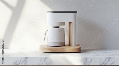 Modern White Coffee Maker on Wooden Base photo