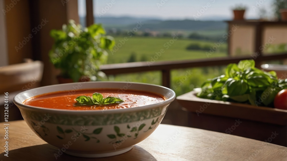A bowl of tomato soup garnished with basil, set against a scenic outdoor view. A bowl of tomato soup garnished with basil, set against a scenic outdoor view.