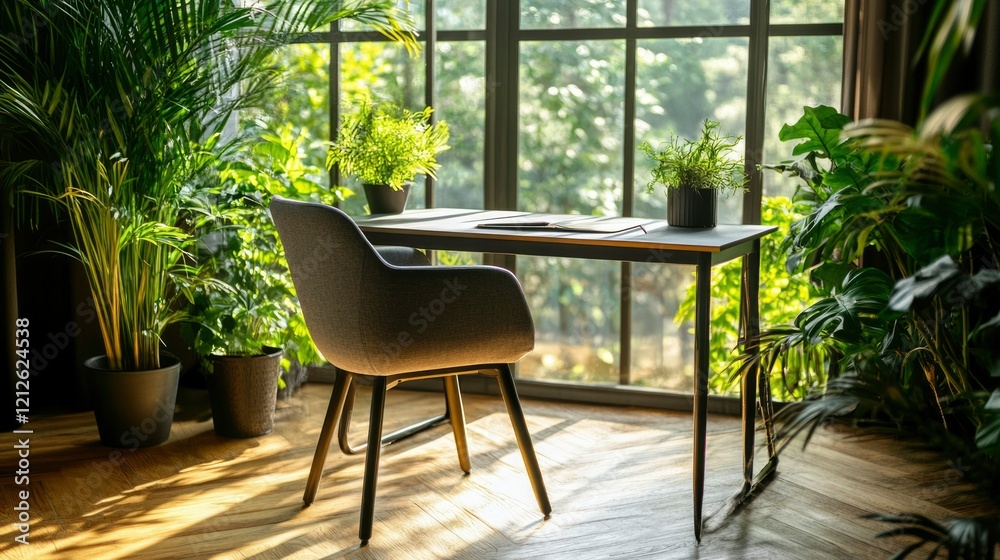 Sunlit Home Office Workspace With Lush Greenery Sunlit Home Office Workspace With Lush Greenery