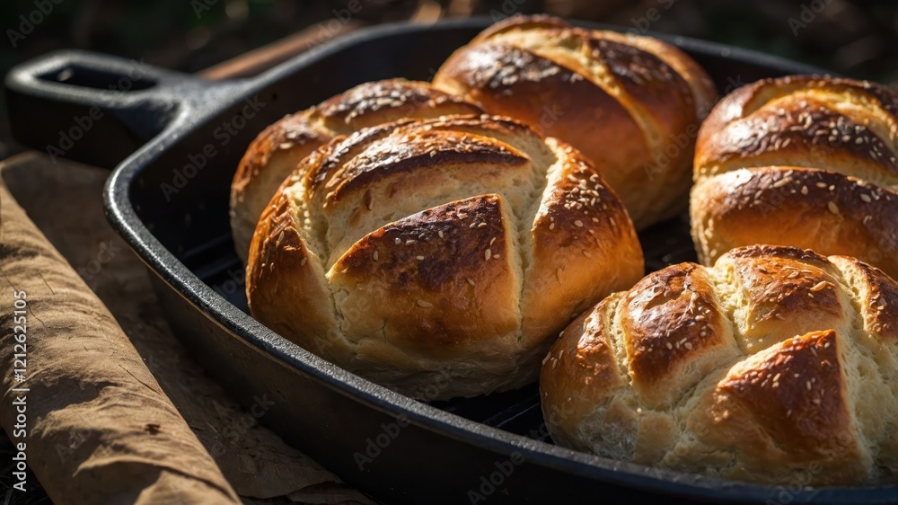 Freshly baked golden rolls in a cast iron pan, showcasing a rustic, appetizing presentation. Freshly baked golden rolls in a cast iron pan, showcasing a rustic, appetizing presentation.