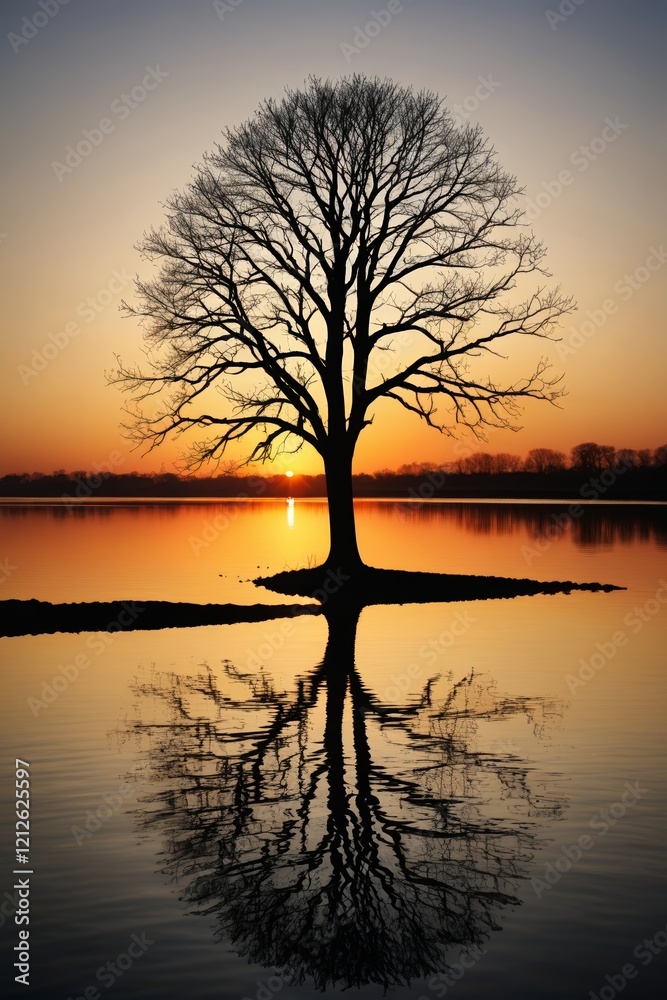 Naklejka premium arafed tree with no leaves in front of a lake at sunset