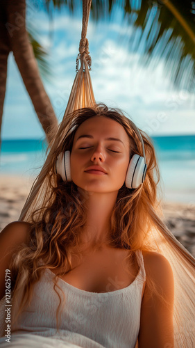 Woman Relaxing in Hammock with Headphones on Beach. Young woman with closed eyes enjoying music in a hammock by the beach, surrounded by palm trees and serene ocean views.