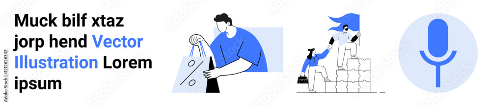 Man carrying shopping bags, two people constructing a pile of boxes, blue microphone circle icon. Ideal for e-commerce, teamwork, storage solutions, collaborative project planning, digital media Man carrying shopping bags, two people constructing a pile of boxes, blue microphone circle icon. Ideal for e-commerce, teamwork, storage solutions, collaborative project planning, digital media