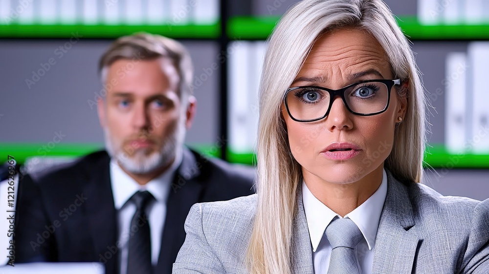 A serious business meeting with a focused woman in the foreground and a man in the background, highlighting corporate professionalism and tension. A serious business meeting with a focused woman in the foreground and a man in the background, highlighting corporate professionalism and tension.