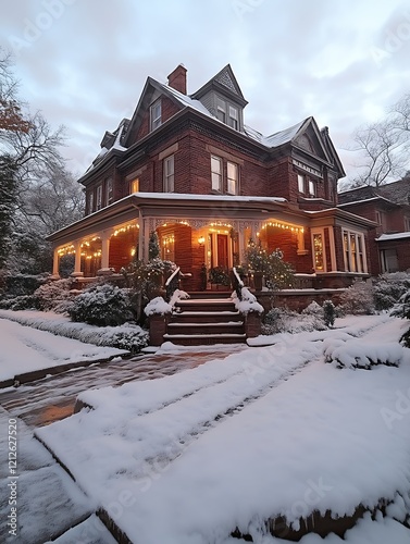 Wallpaper Mural Brick Victorian house, snow covered porch, Christmas lights. Torontodigital.ca