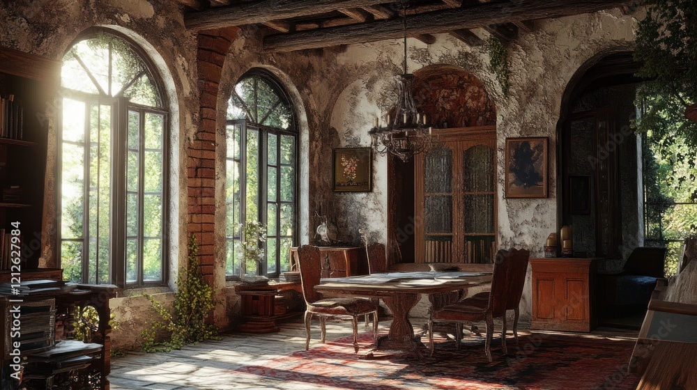 Sunlit Rustic Room With Arched Windows and Antique Furniture Sunlit Rustic Room With Arched Windows and Antique Furniture