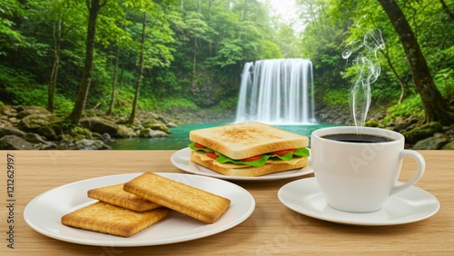 Enjoying Coffee, Biscuit Cracker, and Steamed Bun by a Cascading Waterfall photo