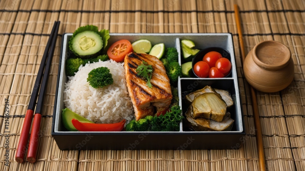 A bento box featuring grilled salmon, rice, vegetables, and garnishes. A bento box featuring grilled salmon, rice, vegetables, and garnishes.