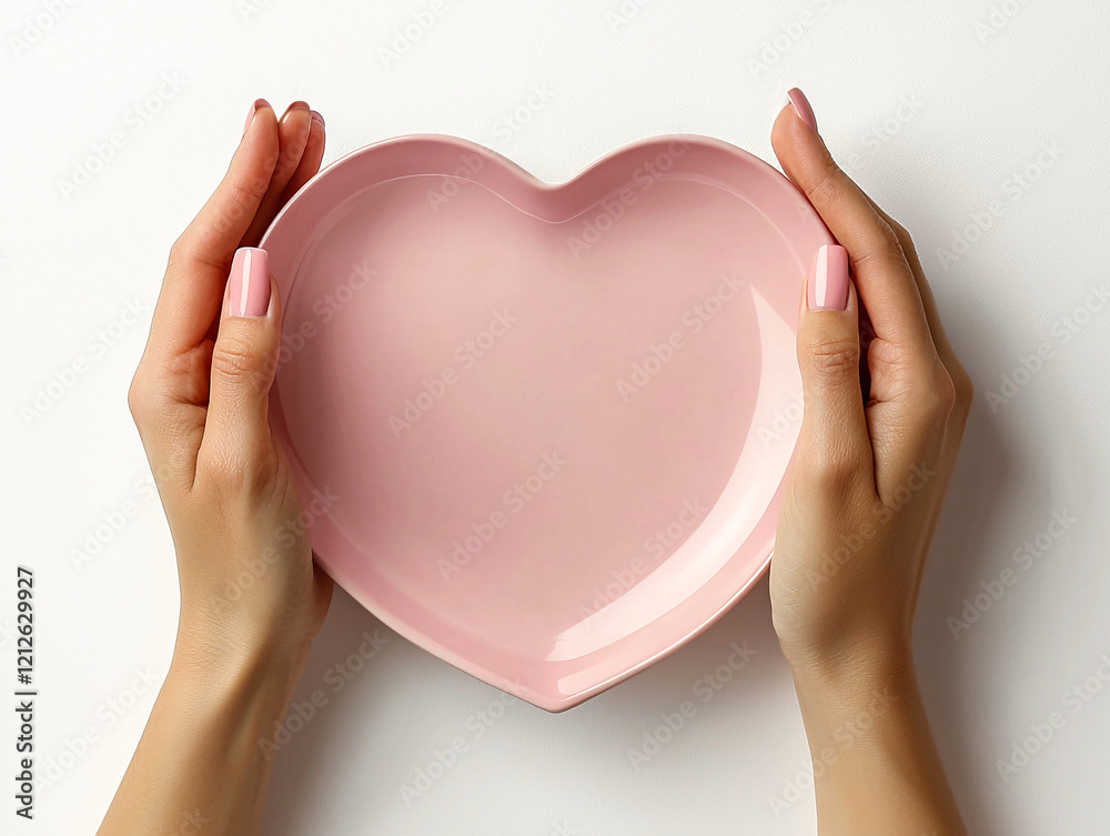 Obraz premium Hands holding a pink empty plate in the shape of a beautiful heart isolated on a white background. Health life, nutriscor, nutritional composition, set