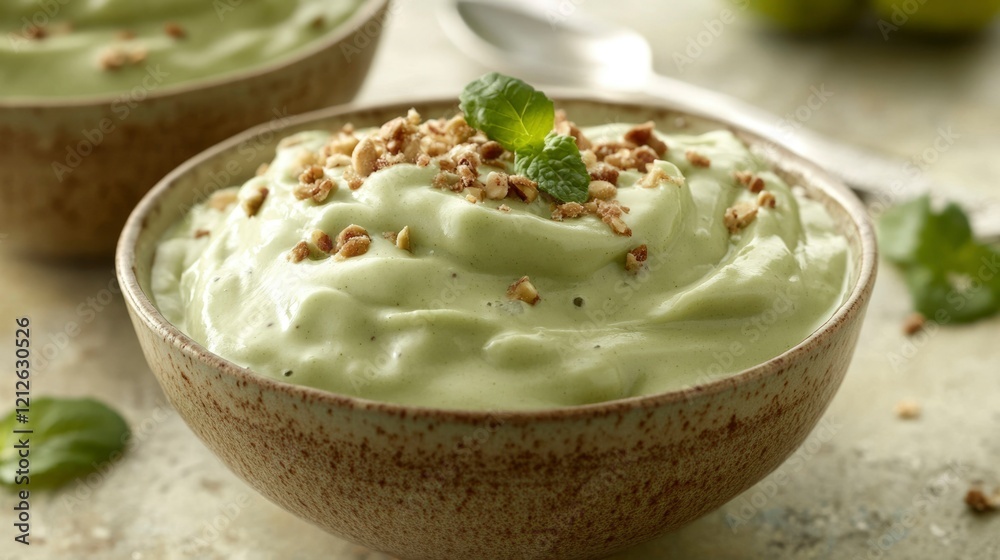 Creamy Avocado Dessert Topped With Nuts And Mint Creamy Avocado Dessert Topped With Nuts And Mint