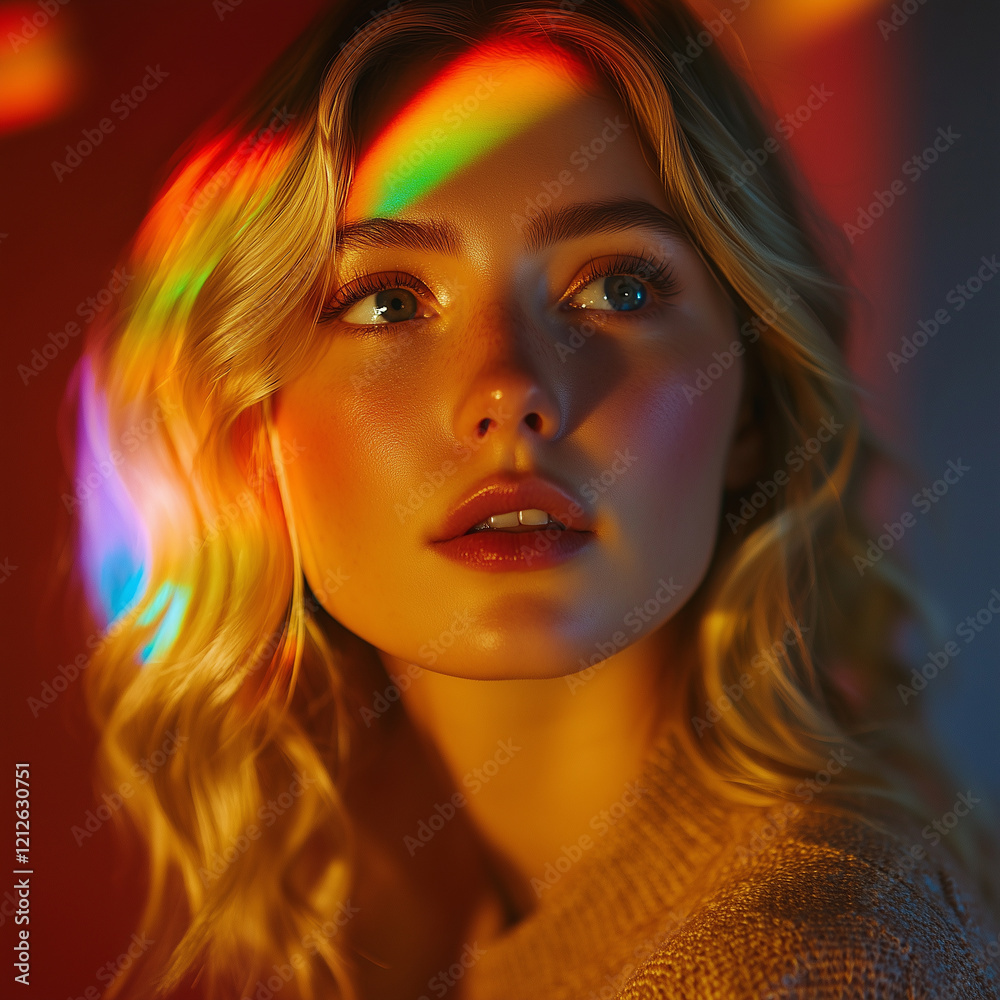 Fototapeta premium Beautiful Blonde Woman with Colorful Light Reflecting