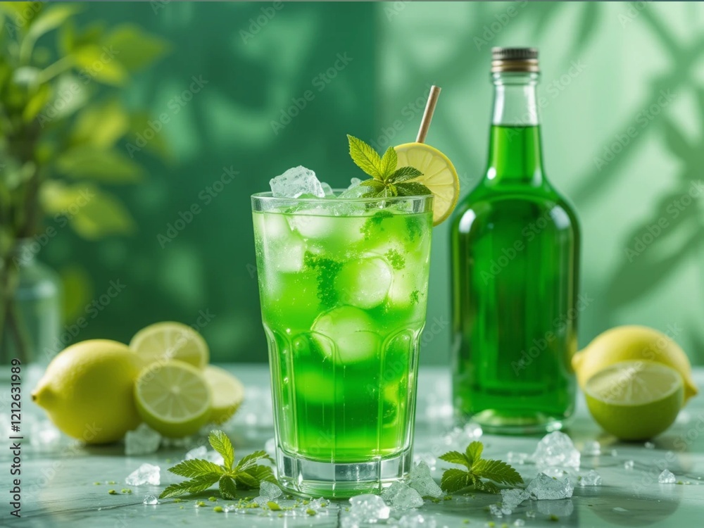 Fototapeta premium Fresh lime syrup. Ice syrup.