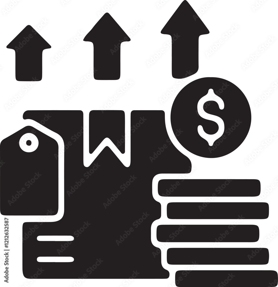 The illustration of an icon with a cardboard box label and coins rising upwards, in silhouette The illustration of an icon with a cardboard box label and coins rising upwards, in silhouette
