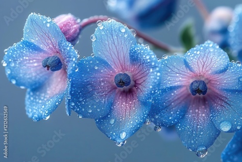ethereal watercolor-style delphinium flowers in morning mist, soft focus macro photography with crystalline dew drops
