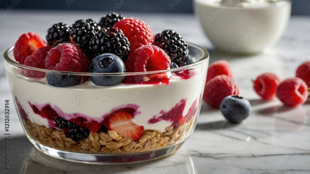 A layered dessert featuring yogurt, granola, and fresh berries in a clear glass bowl. A layered dessert featuring yogurt, granola, and fresh berries in a clear glass bowl.