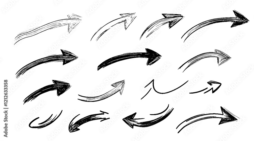 Vector hand drawn different arrow set design with curved arrows in various directions. Vector hand drawn different arrow set design with curved arrows in various directions.