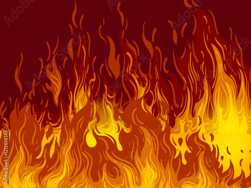 Flame, blaze, bonfire, fire sparks effect background on dark vector illustration design.