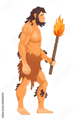 Caveman holds a torch with fire vector illustration

