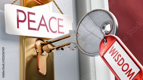 Wisdom leads to Peace - it's a key to unlock peace. A door key metaphor showing how wisdom is a key to access or achieve peace. It's a necessary element to open and reach peace. ,3d illustration photo