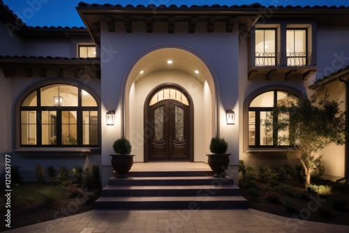 Elegant Home Entrance at Nighttime Illuminating Architectural Details