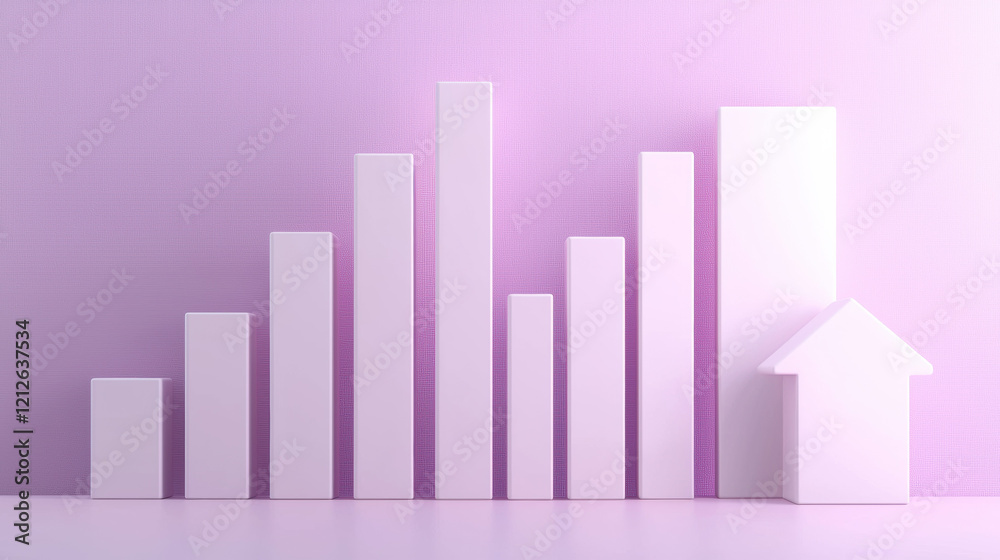 Minimalist purple background with white bar graphs and upward arrow Minimalist purple background with white bar graphs and upward arrow