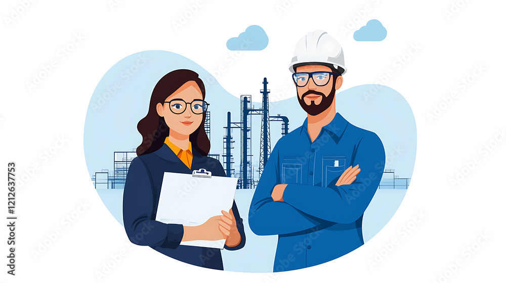 Engineers collaborating on refinery systems project industrial facility digital illustration professional environment close-up view teamwork concept Engineers collaborating on refinery systems project industrial facility digital illustration professional environment close-up view teamwork concept