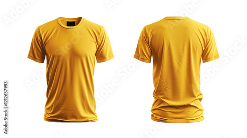 Front and back view of a blank mustard yellow t-shirt mockup.