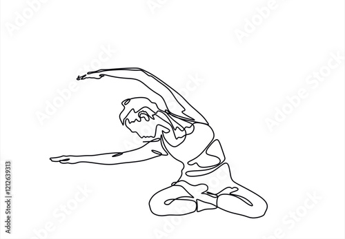 Continuous line drawing of a woman in a yoga pose, representing relaxation and fitness. Vector art focused on health and meditation, isolated on a white background.