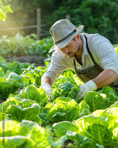 farmer harvesting fresh lettuce in sunlit garden, showcasing natural look and dedication to agriculture