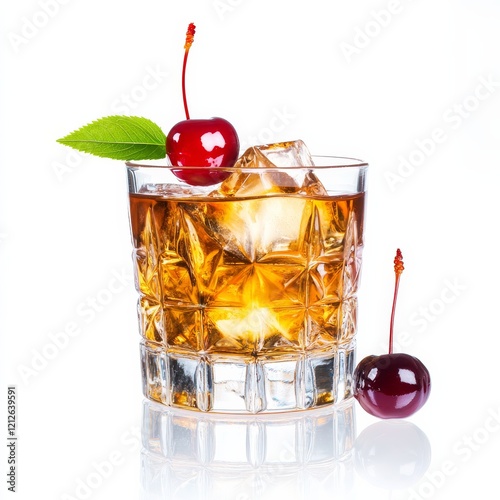 An elegant Old Fashioned with whiskey and cherry, displayed against an isolated white background, chiaroscuro art style photo