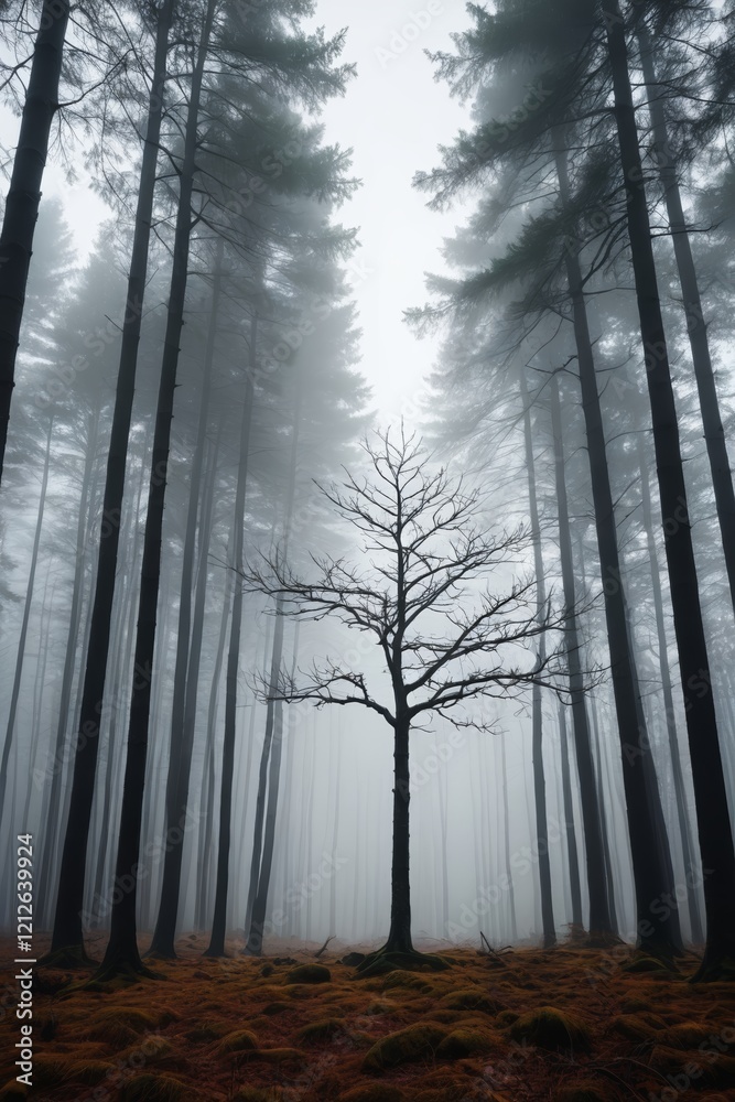 Fototapeta premium arafed tree in a foggy forest with a sun shining through the trees
