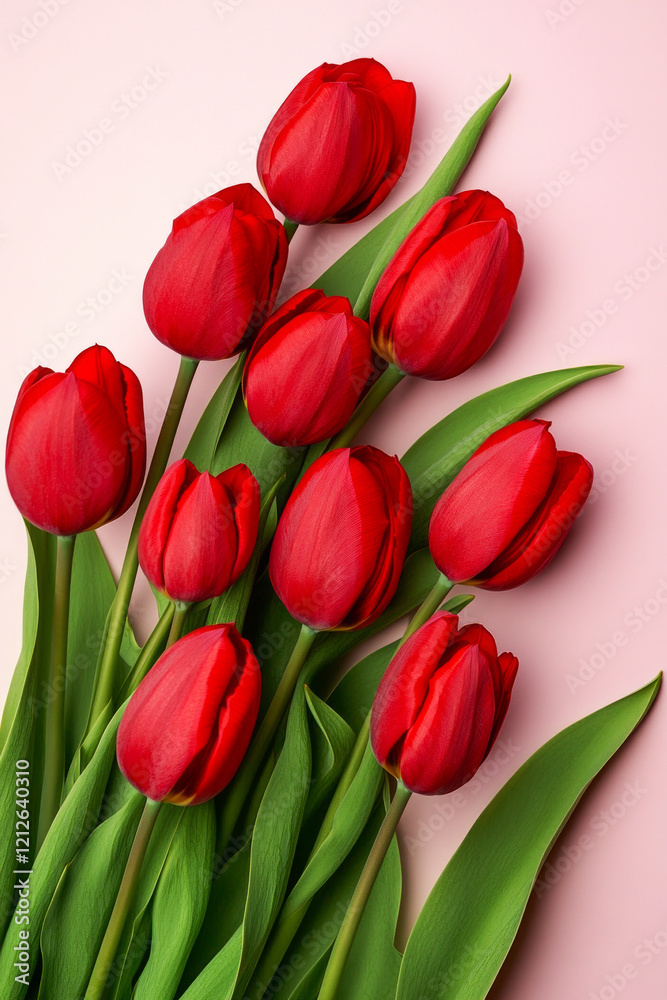 Fototapeta premium Red tulips arranged in a vibrant bouquet against a soft pastel mint backdrop, with ample blank space for creative holiday mock-up design, evoking a festive and elegant mood